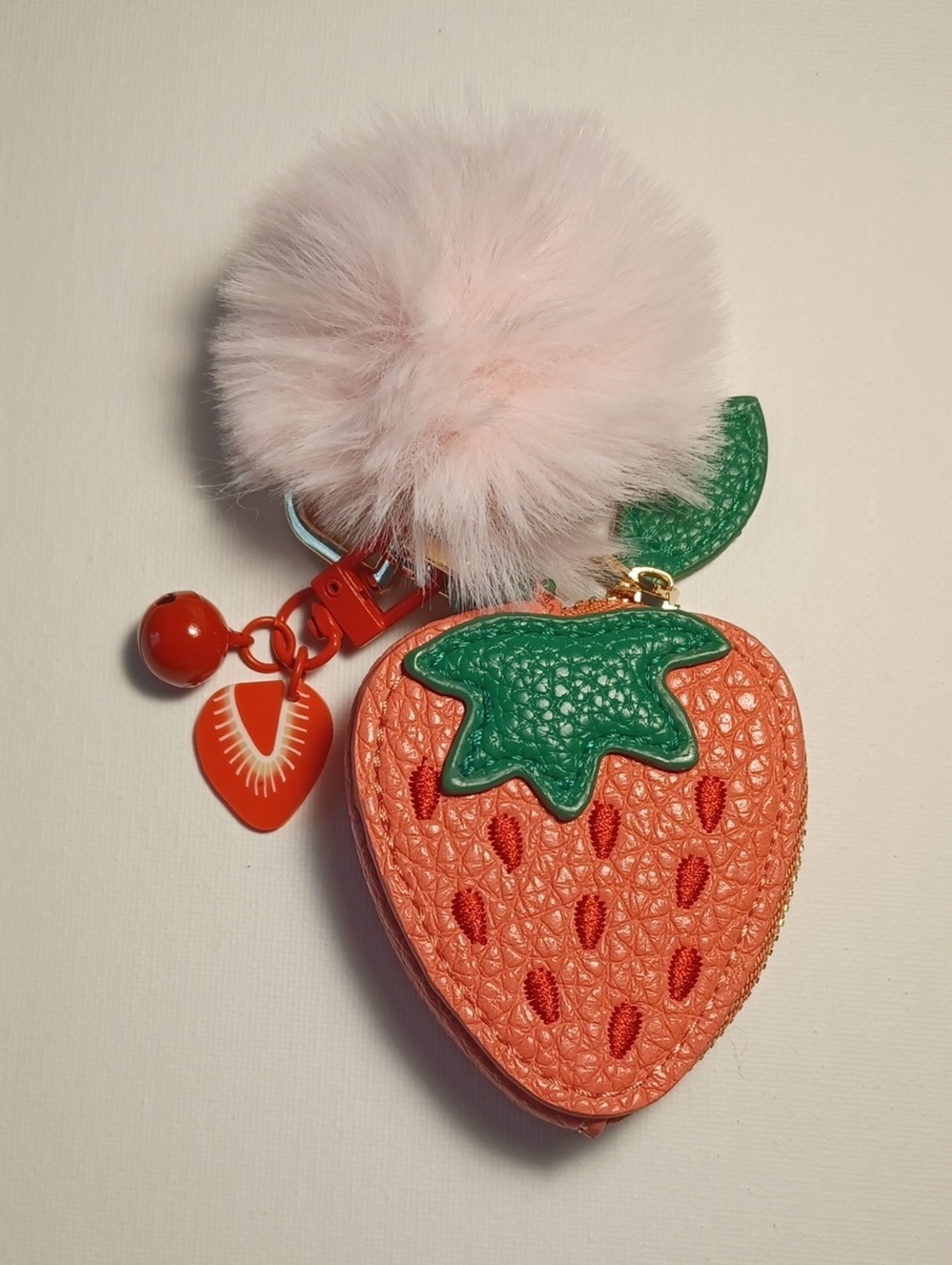 Strawberry Coin Purse Keychain with Pink Pom Pom and Charm